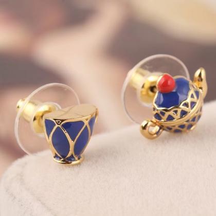 Blue Cute Asymmetrical Earrings Teapot Cup Unique..