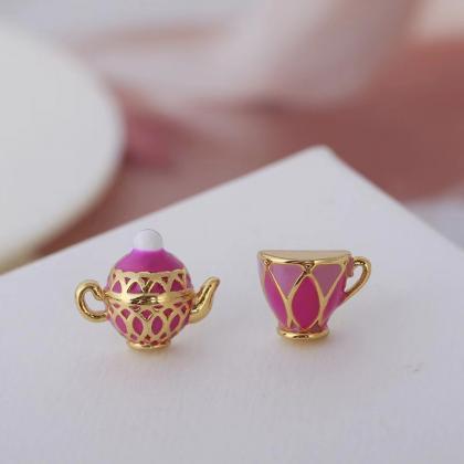 Pink Cute Asymmetrical Earrings Teapot Cup Unique..