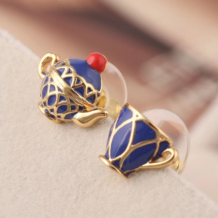 Blue Cute Asymmetrical Earrings Teapot Cup Unique Blue Enamel Glaze Studs